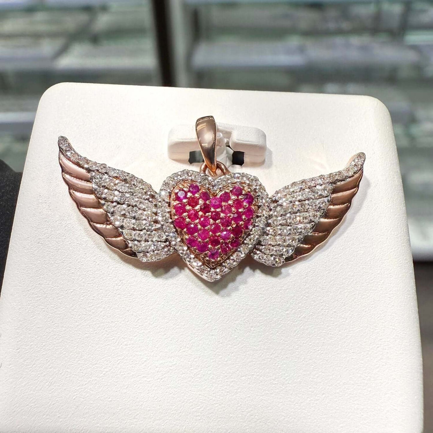 0.41CTW Natural Diamond w/ Ruby 10K Rose Gold Heart Wings Pendant 0.7"