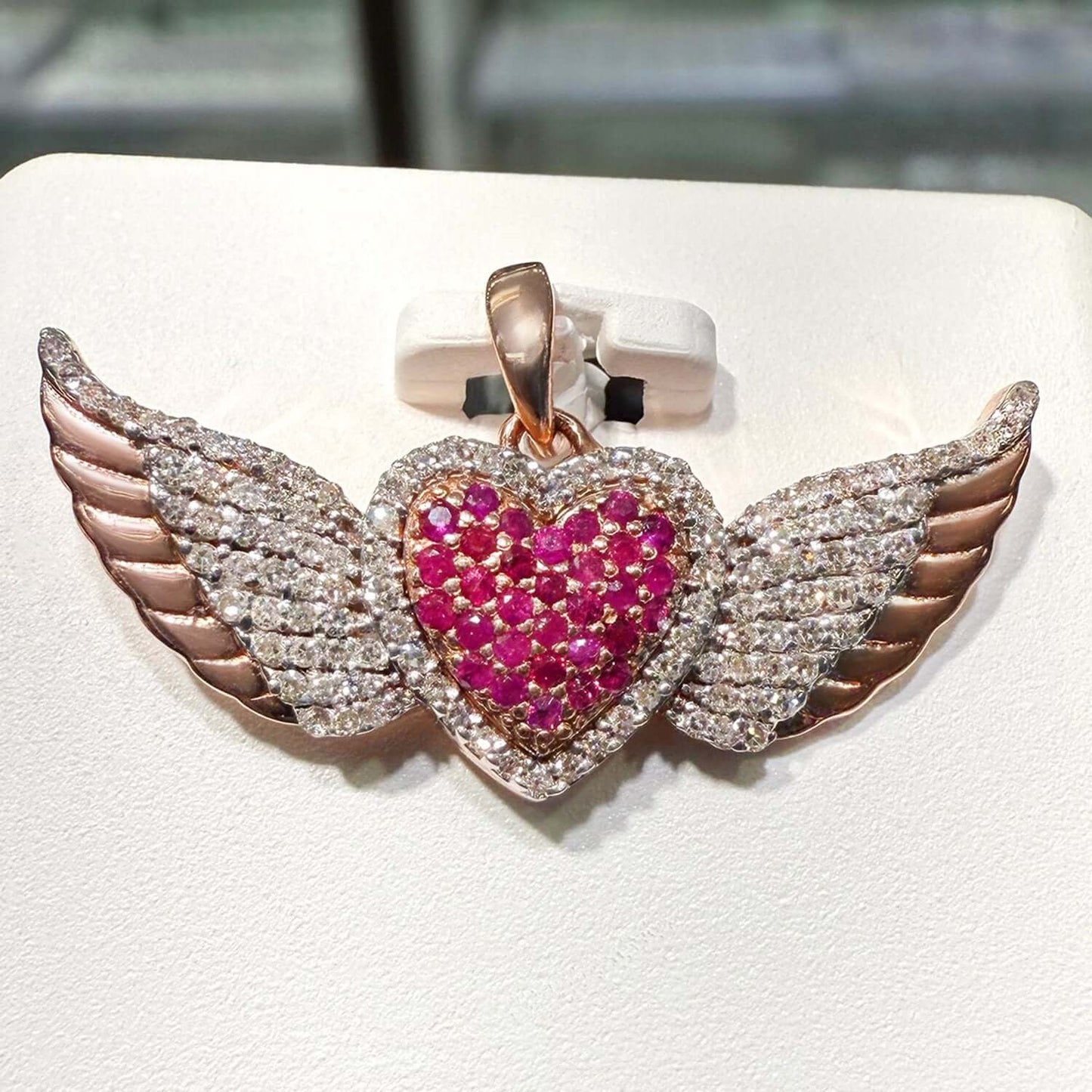 0.41CTW Natural Diamond w/ Ruby 10K Rose Gold Heart Wings Pendant 0.7"