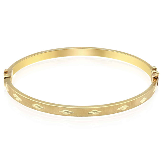 10K Yellow Gold 4mm Diamond-Cut Satin Bangle Bracelet (Hollow) 6.75"