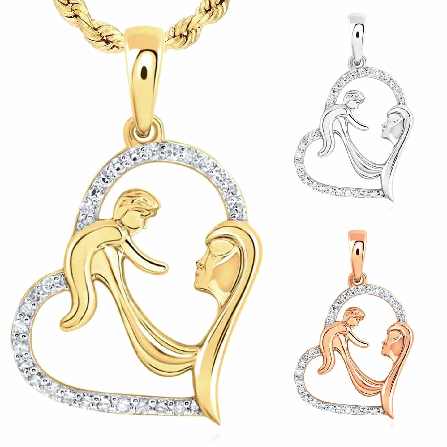 0.14CTW Real Diamond 10K Gold Mother Child Open Heart Pendant 0.7"