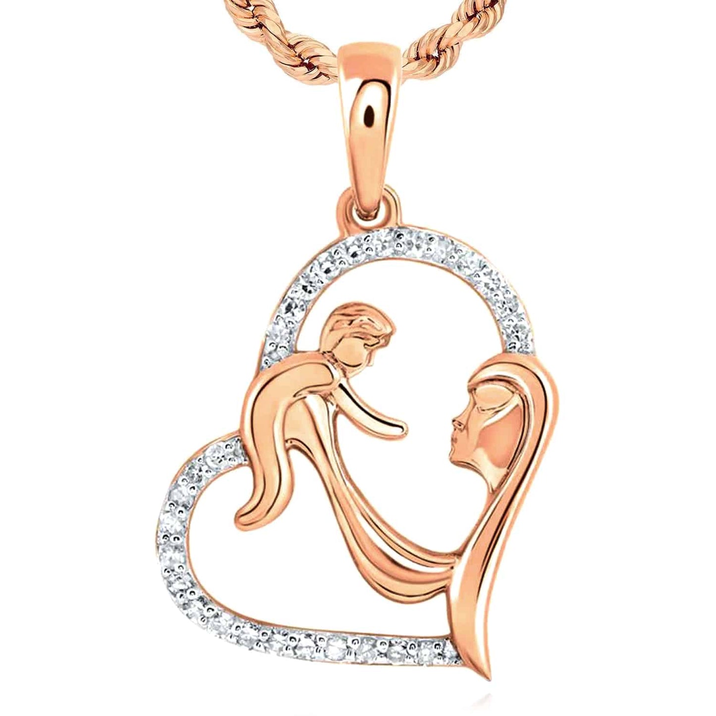 0.14CTW Real Diamond 10K Gold Mother Child Open Heart Pendant 0.7"