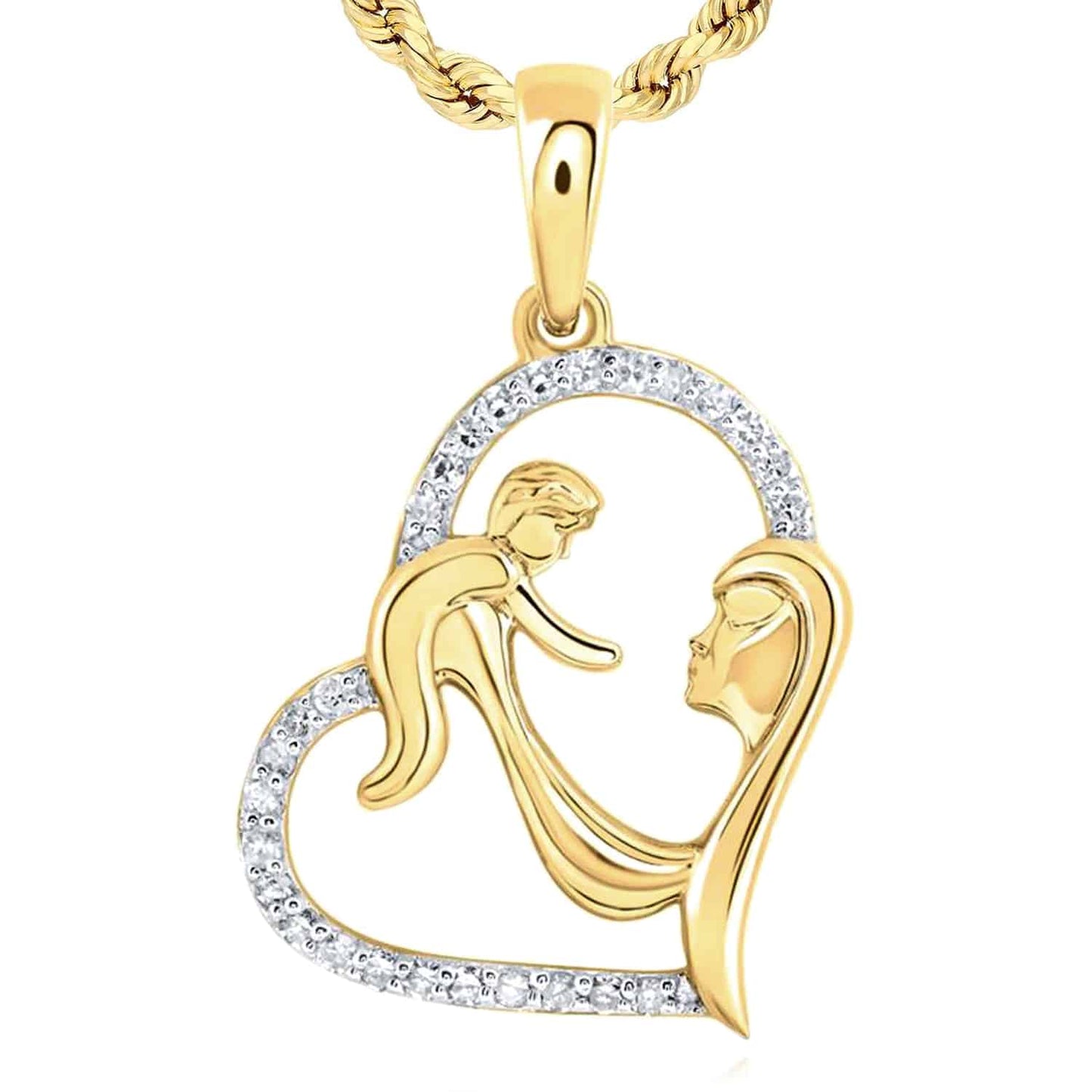 0.14CTW Real Diamond 10K Gold Mother Child Open Heart Pendant 0.7"