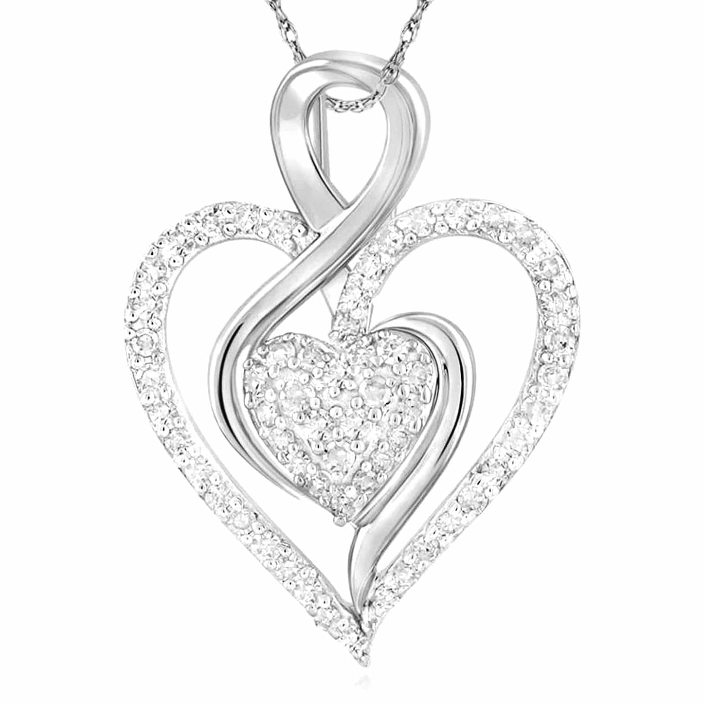 0.25CTW Natural Diamond 10K Gold Yellow White Rose Double Heart Pendant 0.83"