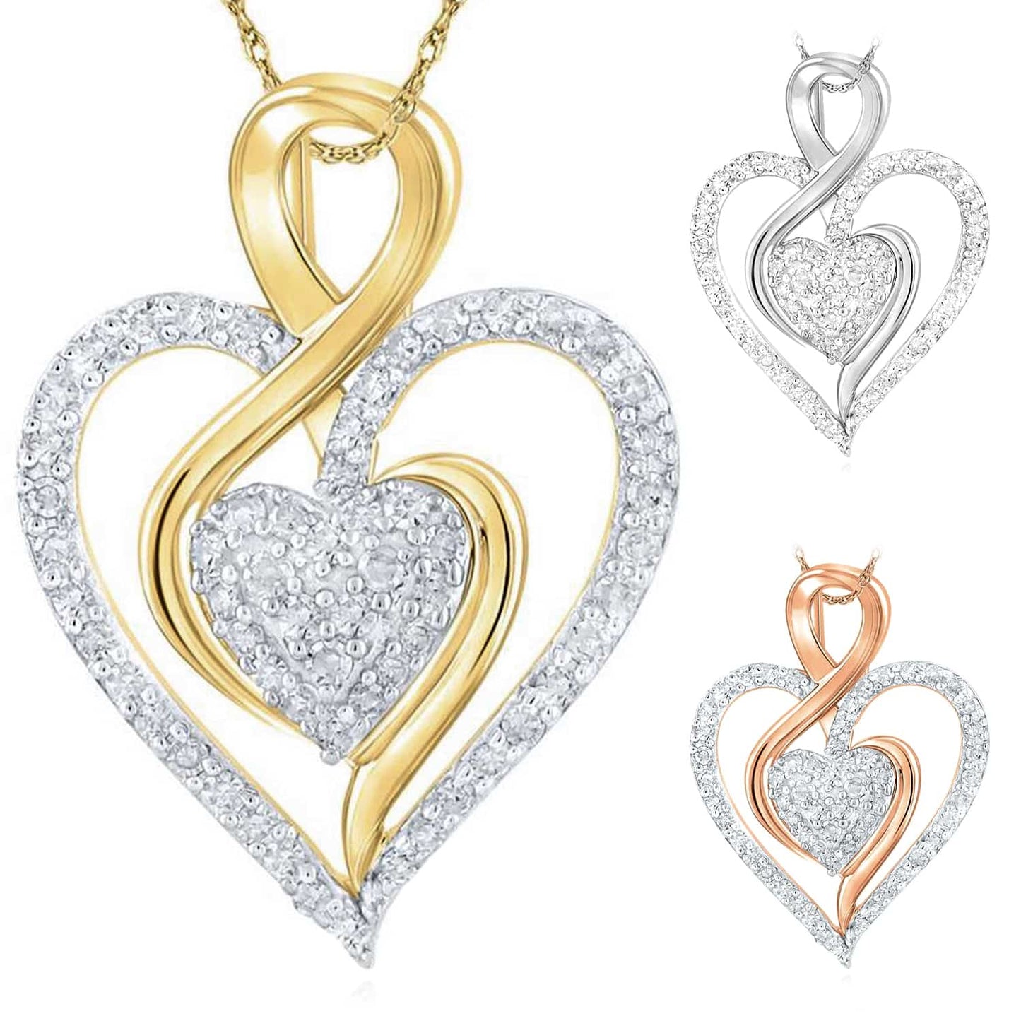 0.25CTW Natural Diamond 10K Gold Yellow White Rose Double Heart Pendant 0.83"
