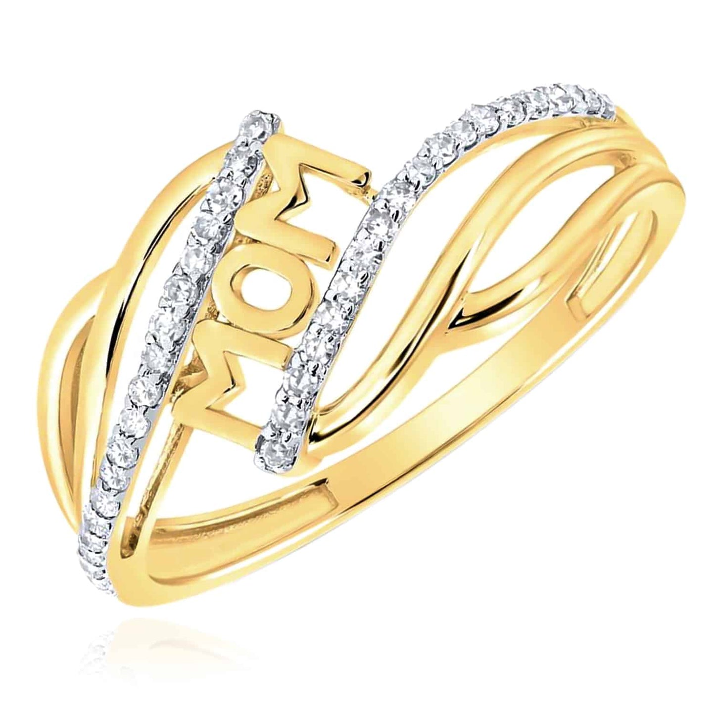 0.16CTW Natural Diamond 10K Yellow Gold Waved Band "MOM" Cocktail Ring