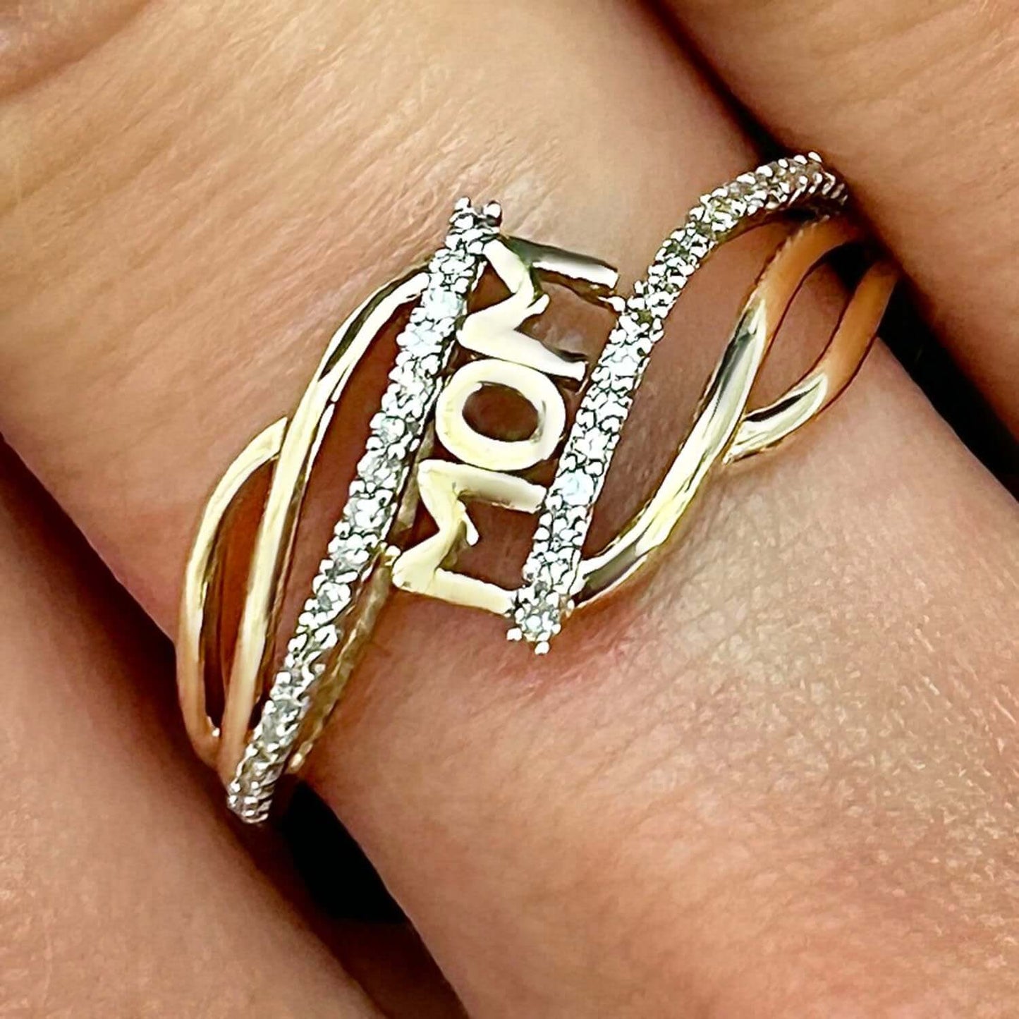 0.16CTW Natural Diamond 10K Yellow Gold Waved Band "MOM" Cocktail Ring