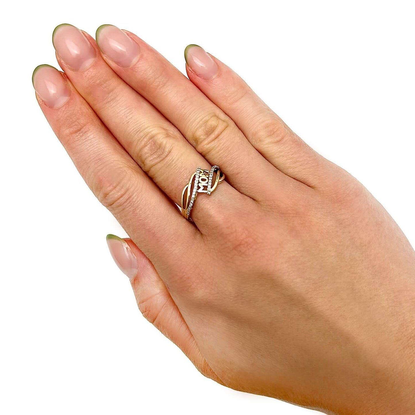 0.16CTW Natural Diamond 10K Yellow Gold Waved Band "MOM" Cocktail Ring