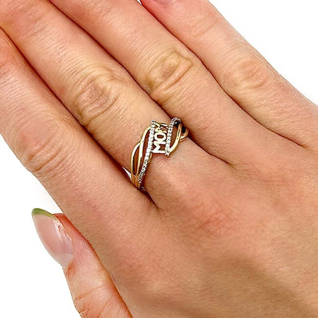 0.16CTW Natural Diamond 10K Yellow Gold Waved Band "MOM" Cocktail Ring