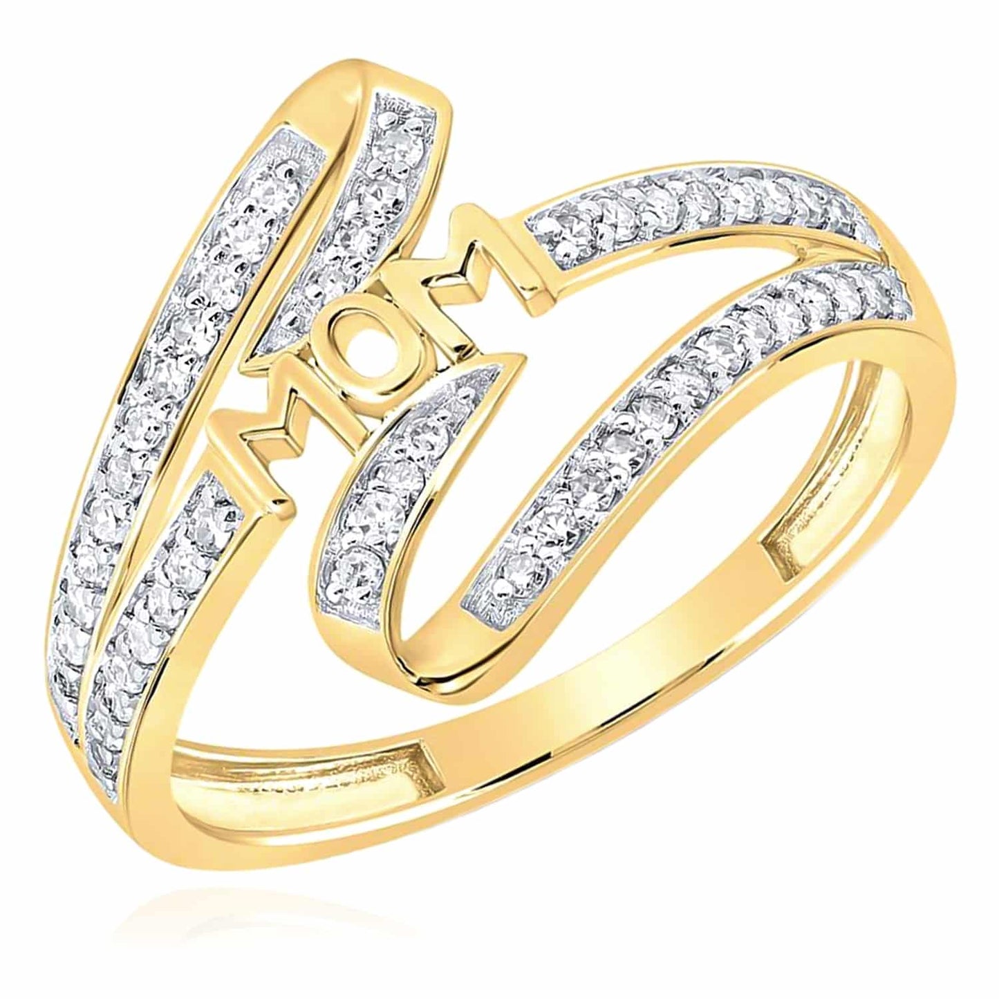 0.26CTW Natural Diamond 10K Yellow Gold Open Bypass Band "MOM" Cocktail Ring