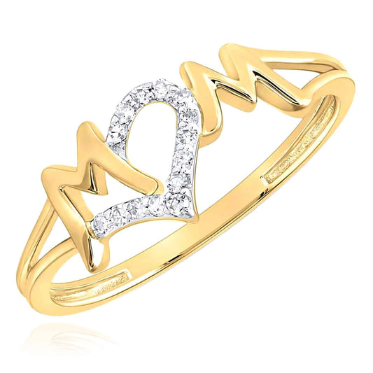 0.08CTW Natural Diamond 10K Yellow Gold Band "Mom" Heart Cocktail Ring