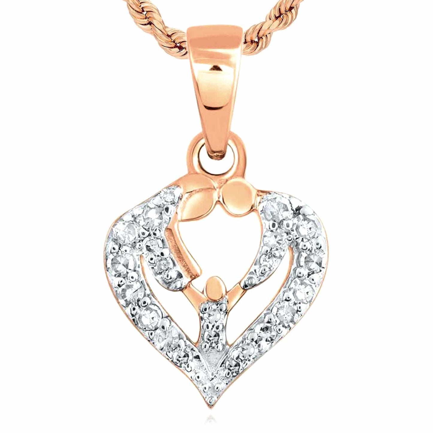 0.11CTW Real Diamond 10K Gold Yellow White Rose Parents Heart Pendant 0.7"