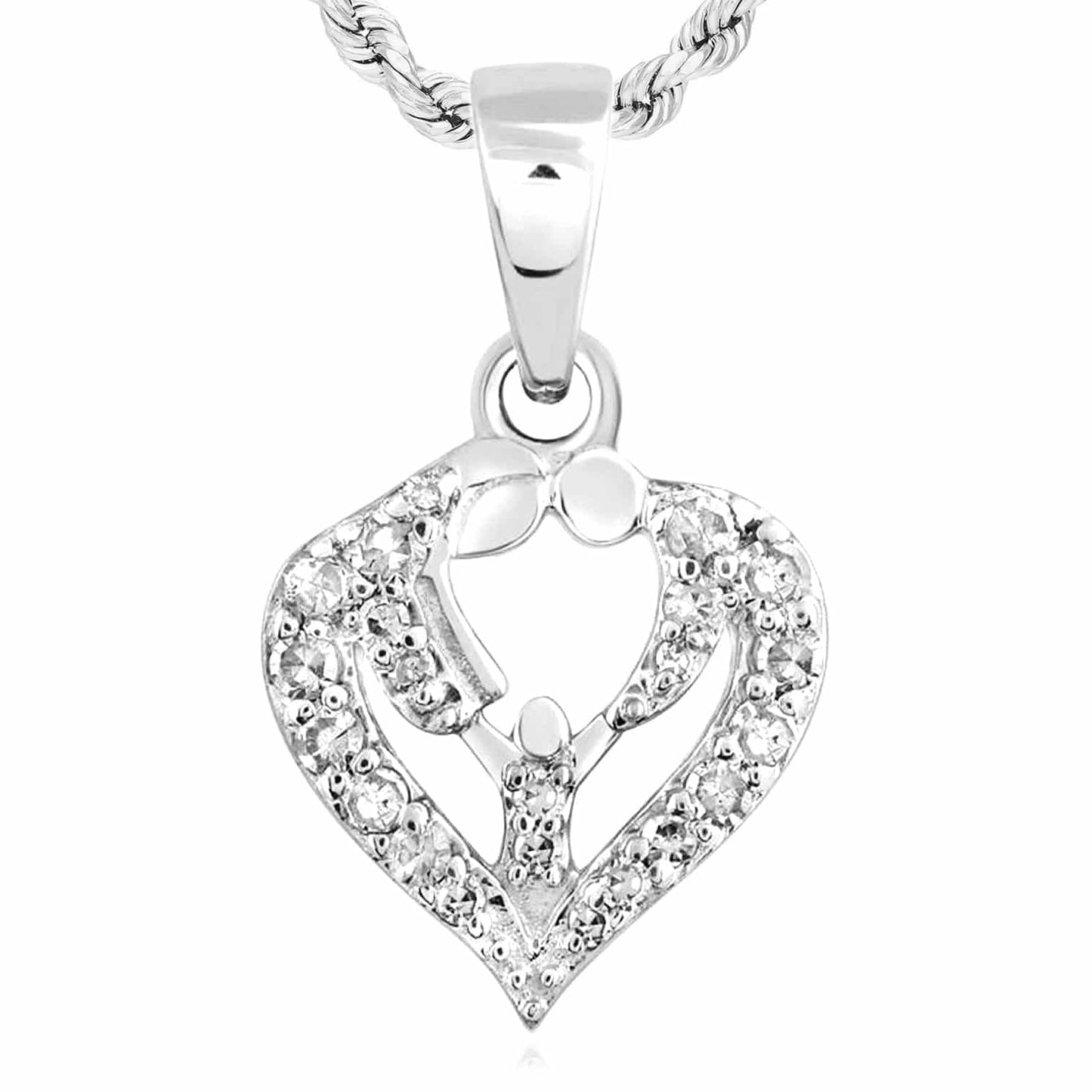 0.11CTW Real Diamond 10K Gold Yellow White Rose Parents Heart Pendant 0.7"