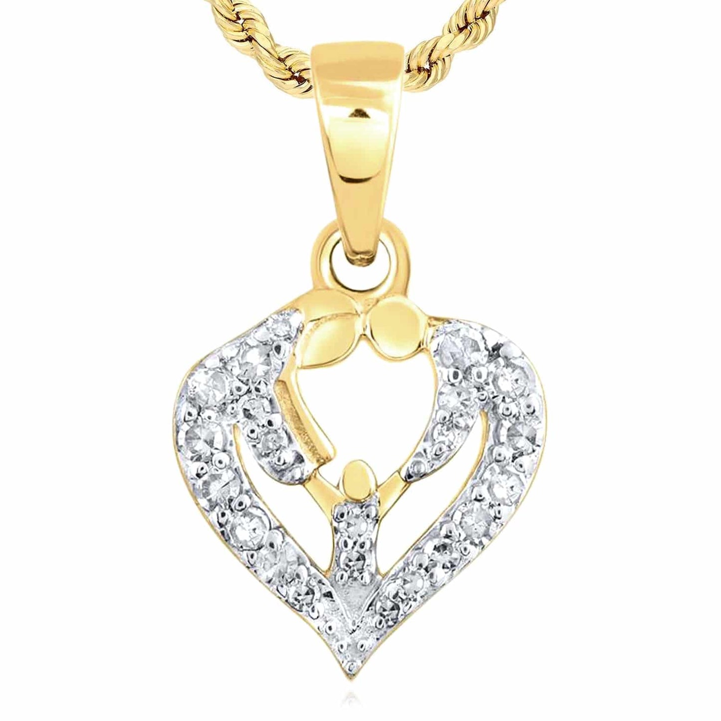 0.11CTW Real Diamond 10K Gold Yellow White Rose Parents Heart Pendant 0.7"