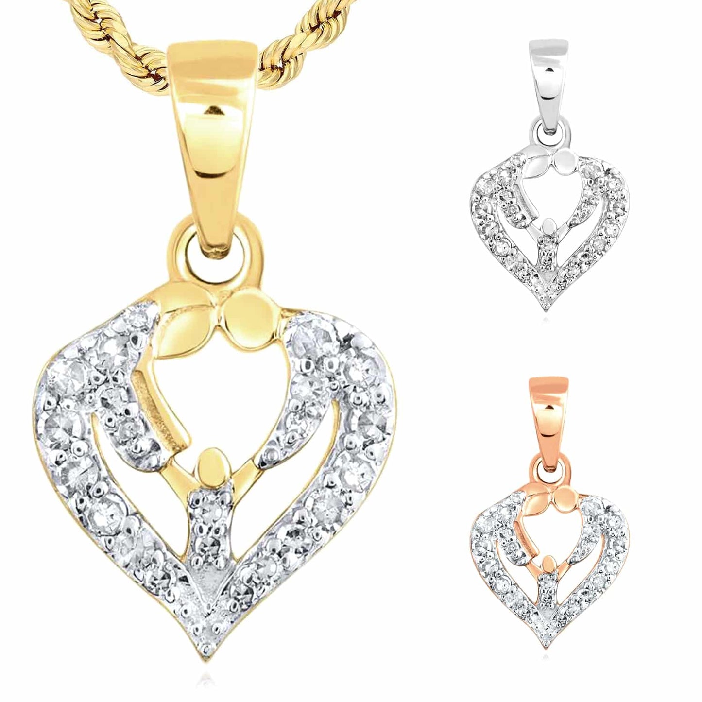0.11CTW Real Diamond 10K Gold Yellow White Rose Parents Heart Pendant 0.7"