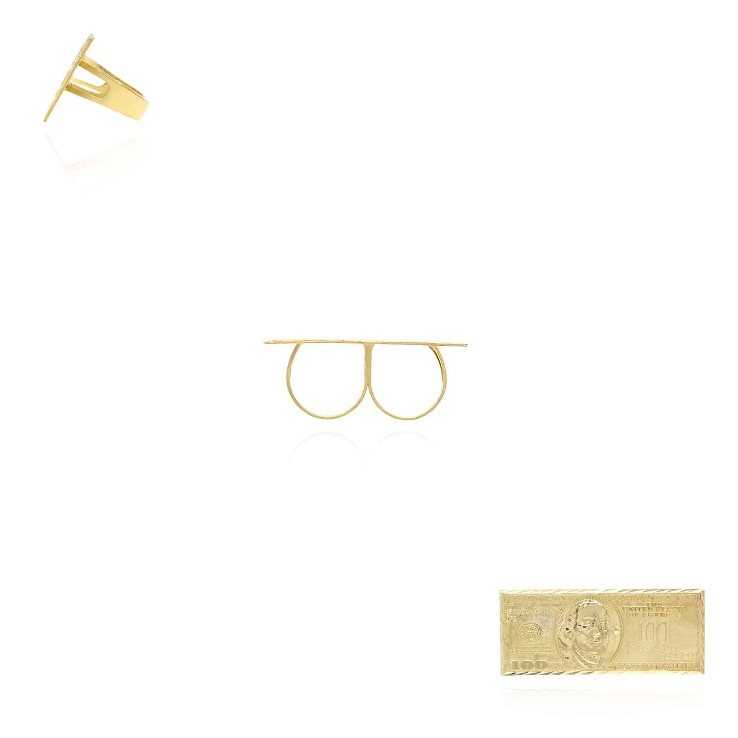 10K Yellow Gold One Hundred 100 Dollar Bill Two-Finger Ring
