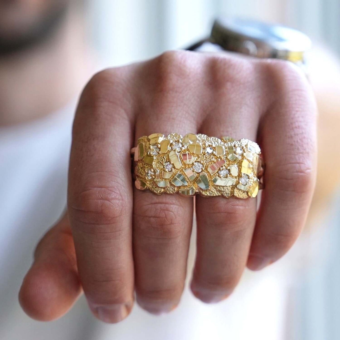 10K Real Gold CZ Nugget Two-Finger Ring