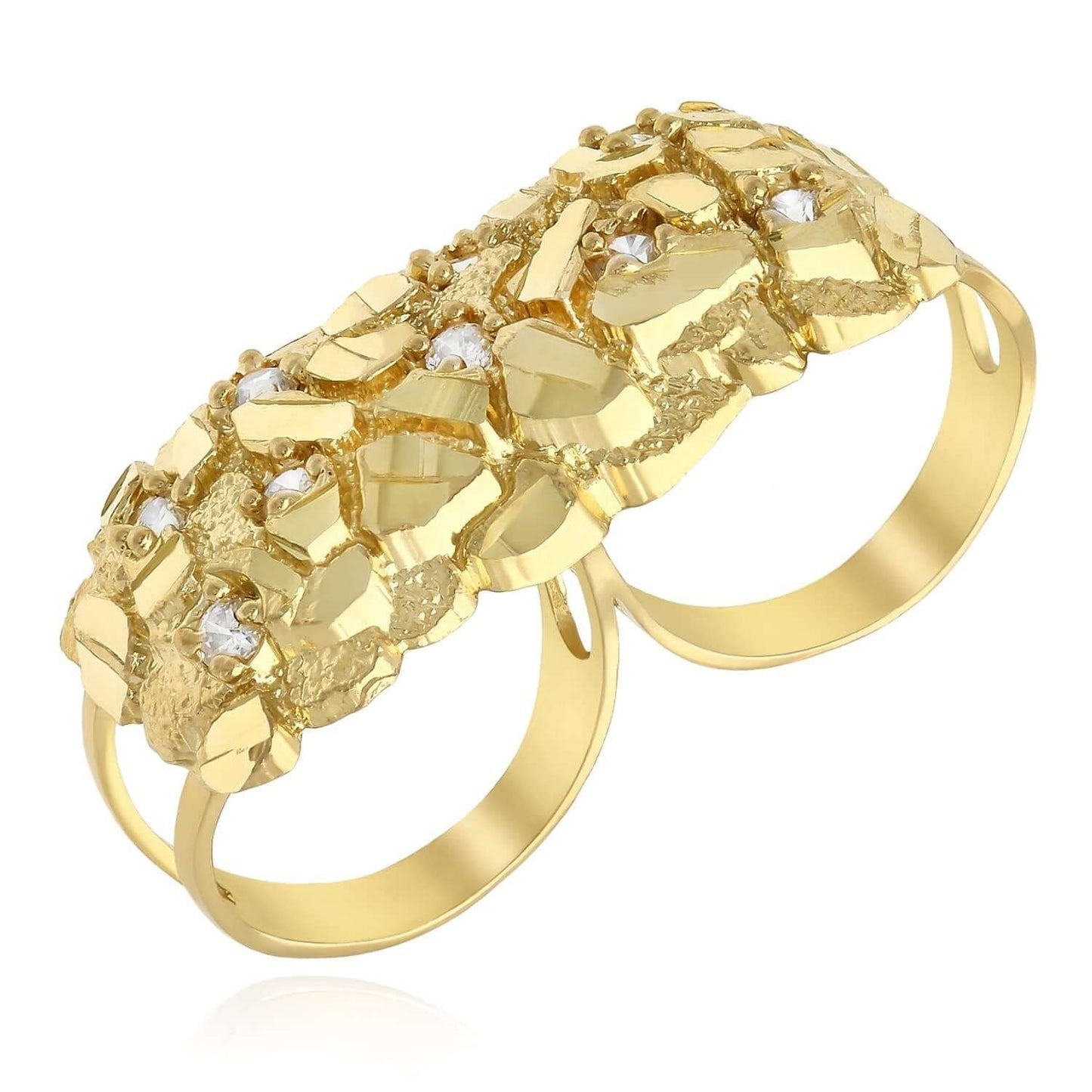 10K Real Gold CZ Nugget Two-Finger Ring