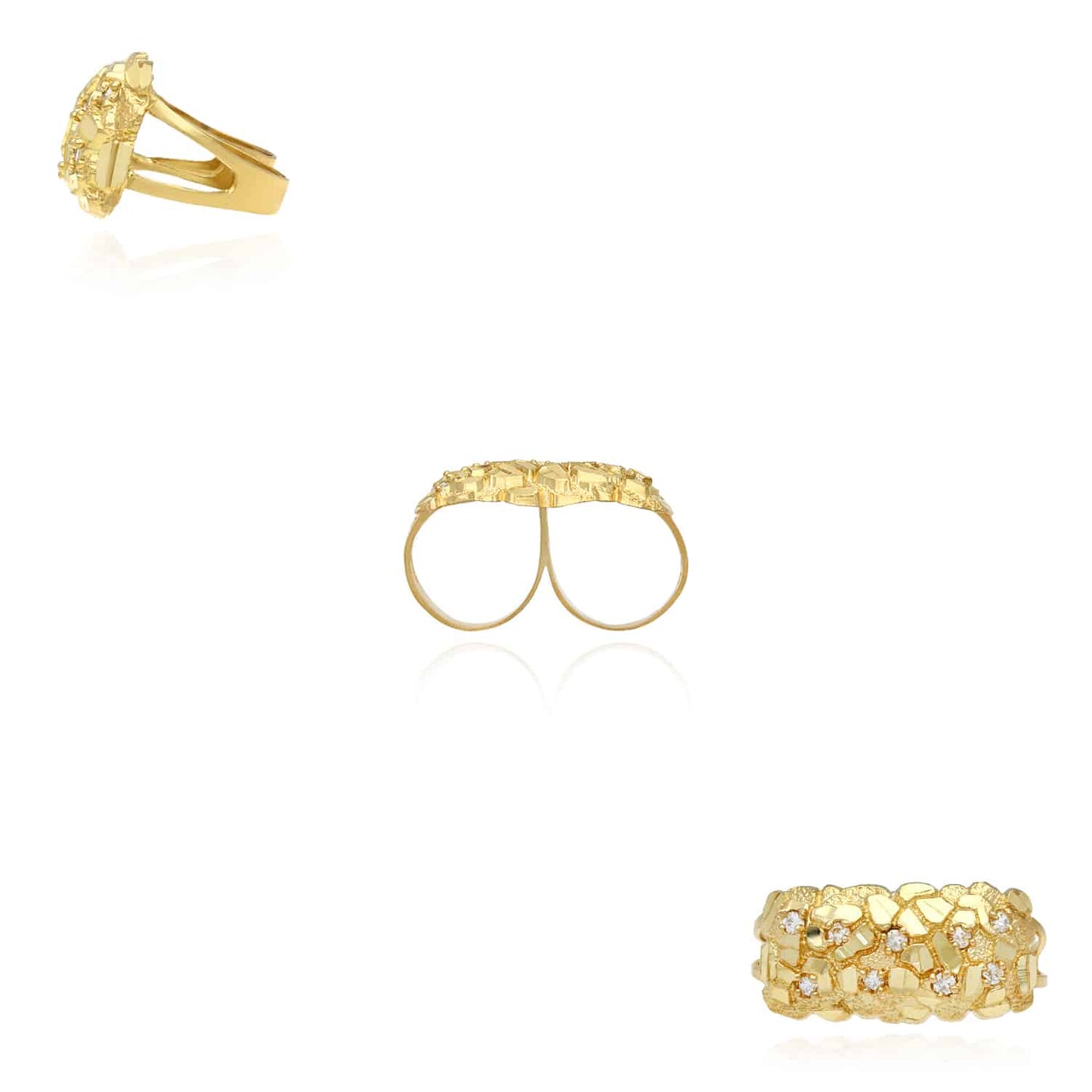 10K Real Gold CZ Nugget Two-Finger Ring