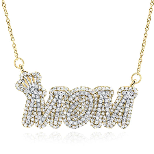 1CTW Natural Diamond 10K Yellow Gold Pave MOM Crown Cable Necklace (Solid Links) 18"