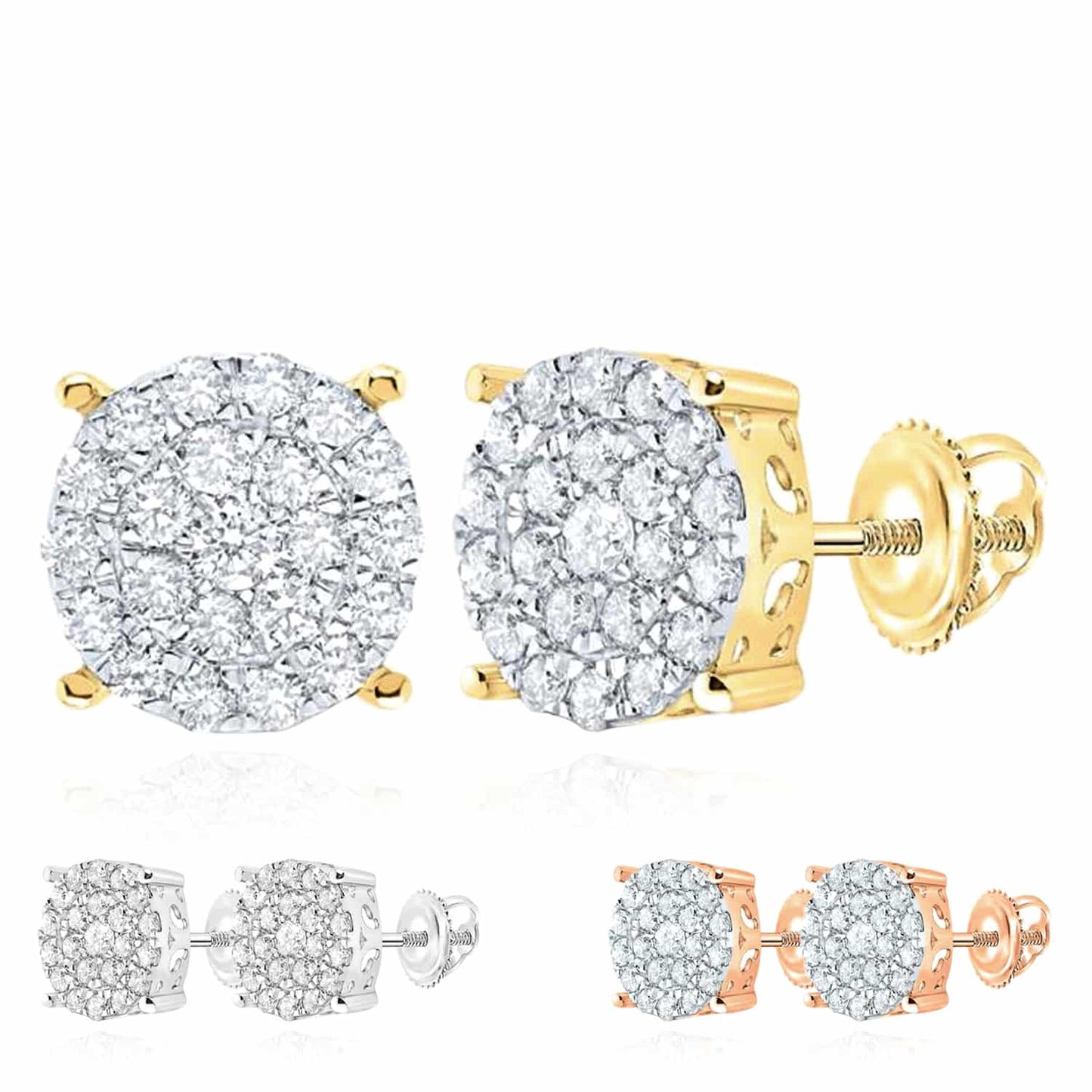 0.9CTW Real Diamond 10K Gold Yellow White Rose Round Screw Back Stud Earrings