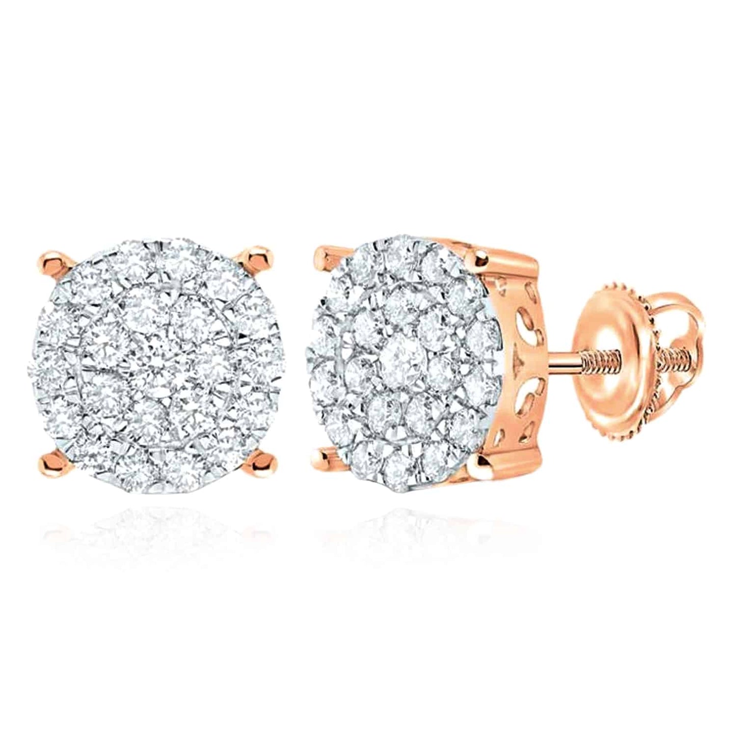 0.9CTW Real Diamond 10K Gold Yellow White Rose Round Screw Back Stud Earrings