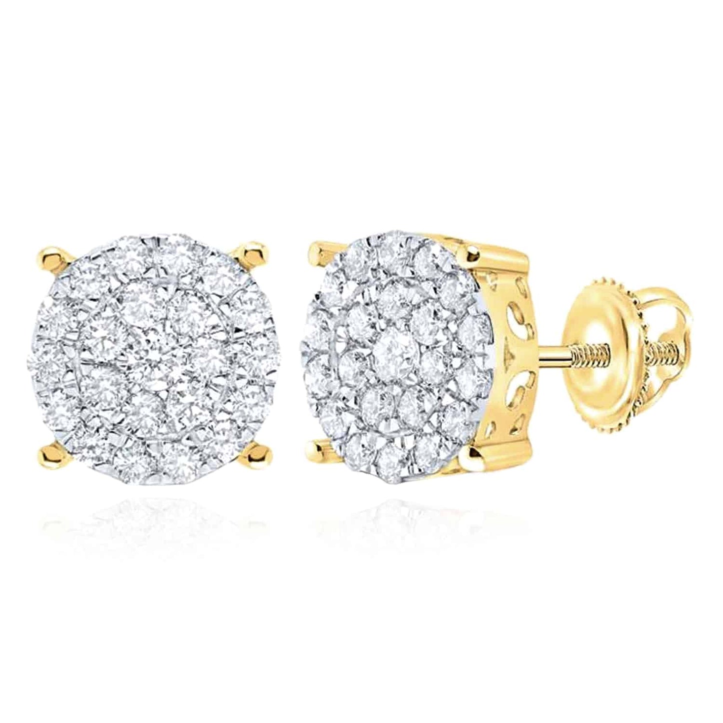 0.9CTW Real Diamond 10K Gold Yellow White Rose Round Screw Back Stud Earrings