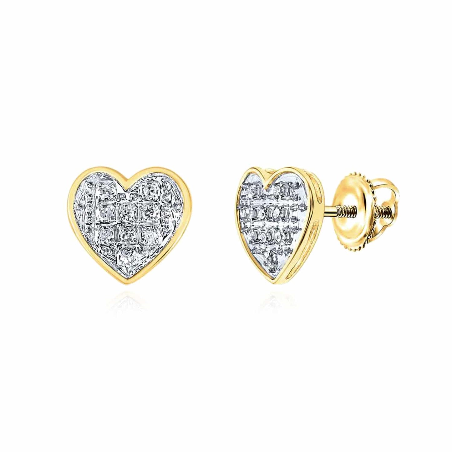 Natural Diamond 10K Gold Yellow White Pave Heart Screw Back Stud Earrings