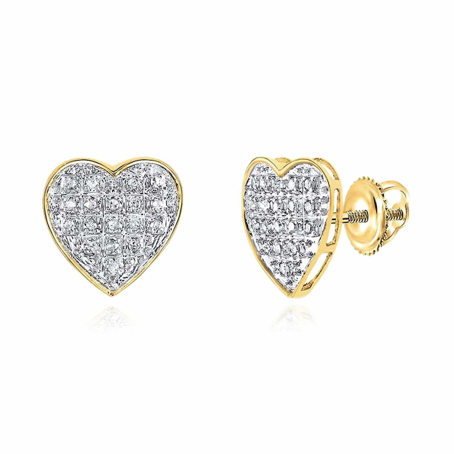 Natural Diamond 10K Gold Yellow White Pave Heart Screw Back Stud Earrings