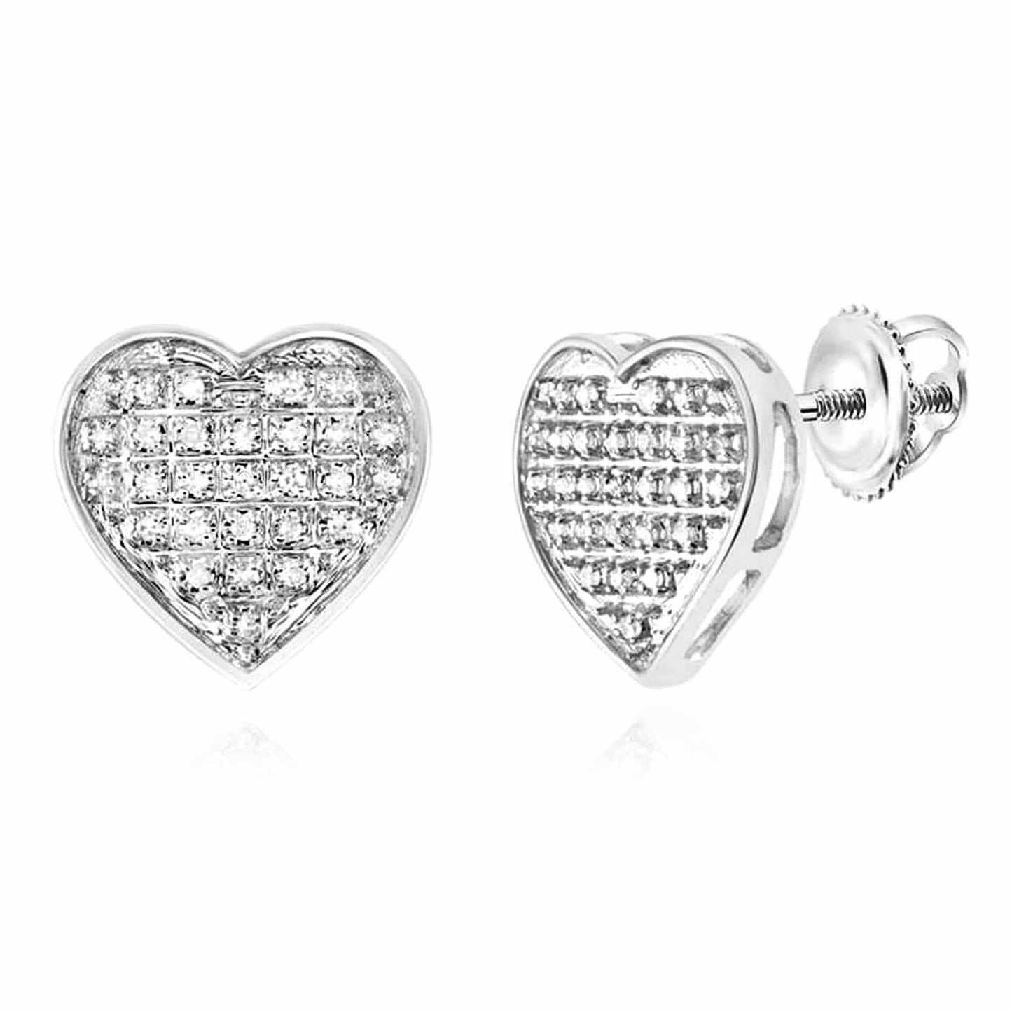 Natural Diamond 10K Gold Yellow White Pave Heart Screw Back Stud Earrings