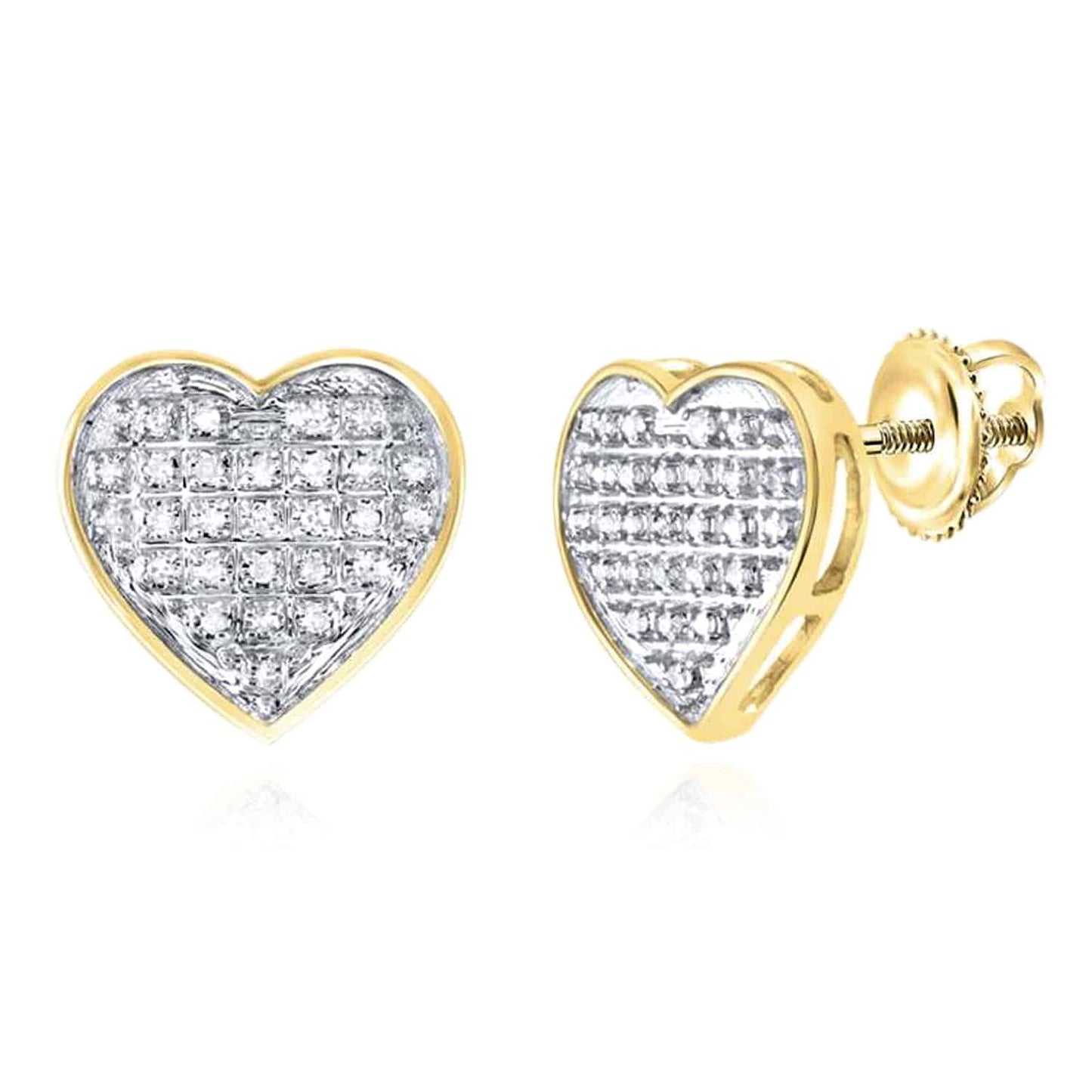 Natural Diamond 10K Gold Yellow White Pave Heart Screw Back Stud Earrings