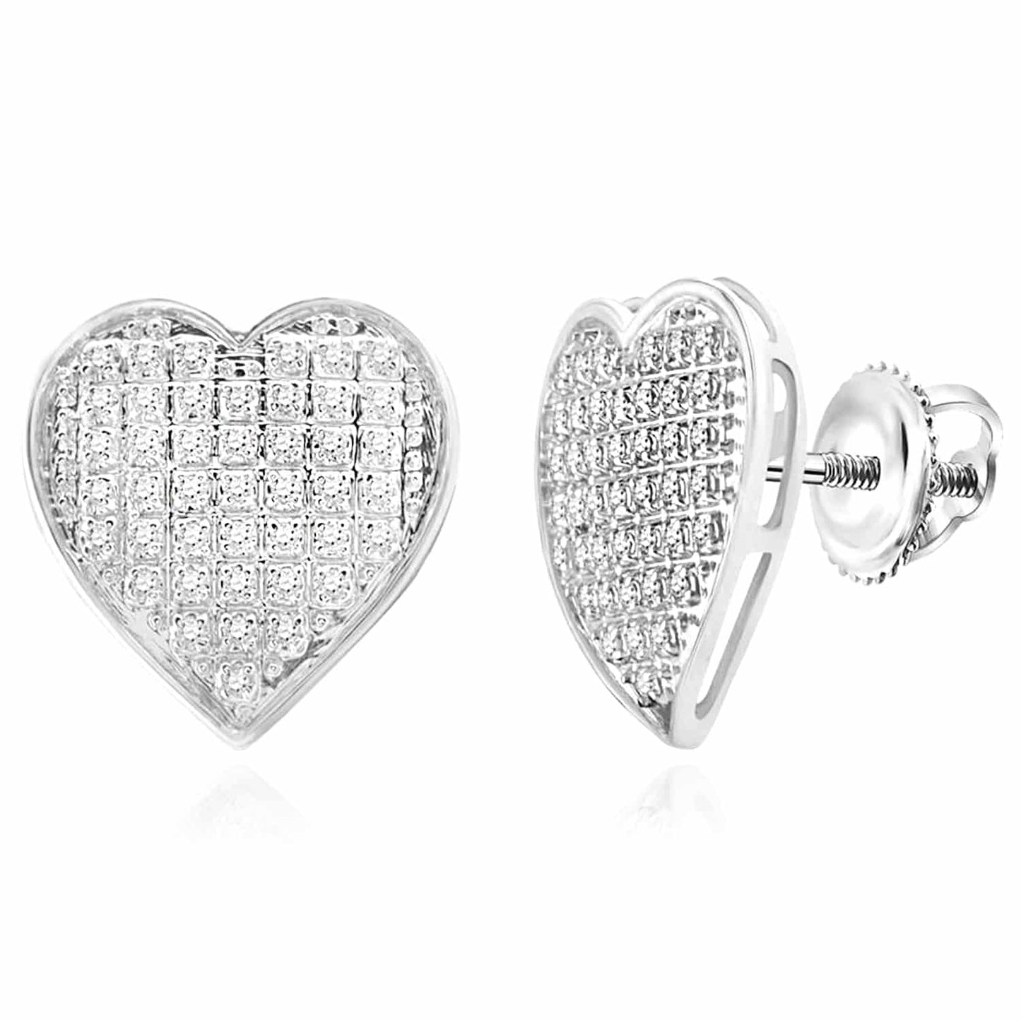 Natural Diamond 10K Gold Yellow White Pave Heart Screw Back Stud Earrings