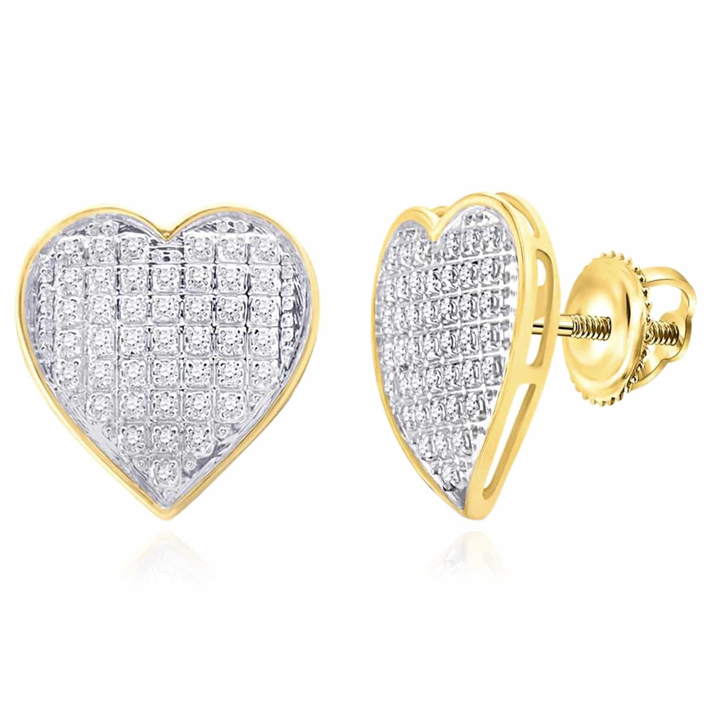 Natural Diamond 10K Gold Yellow White Pave Heart Screw Back Stud Earrings