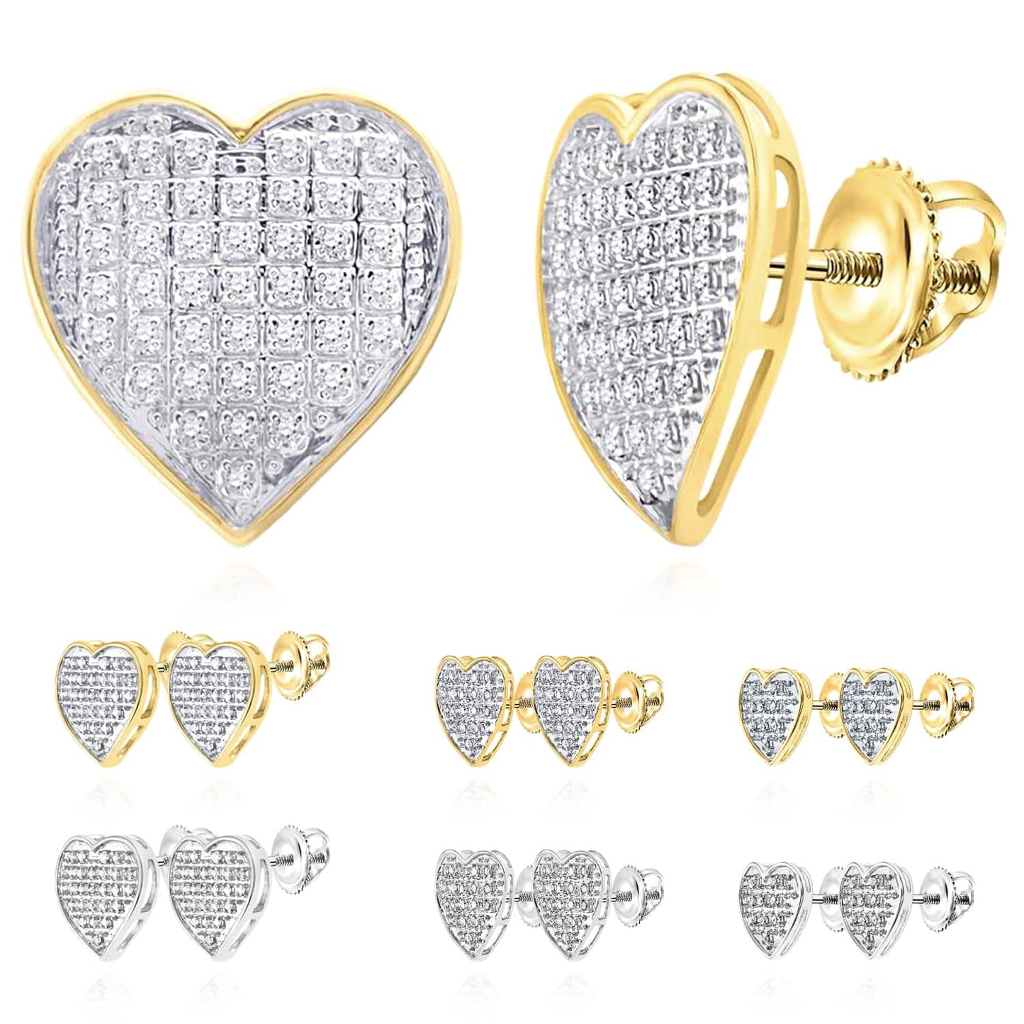 Natural Diamond 10K Gold Yellow White Pave Heart Screw Back Stud Earrings