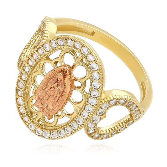 10K Gold Two-Tone CZ Our Virgin Lady of Guadalupe Oval Heart Ring