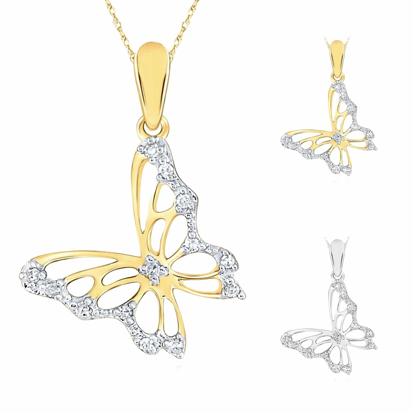 0.05CTW Natural Diamond 10K Gold Yellow White Butterfly Pendant 0.9"
