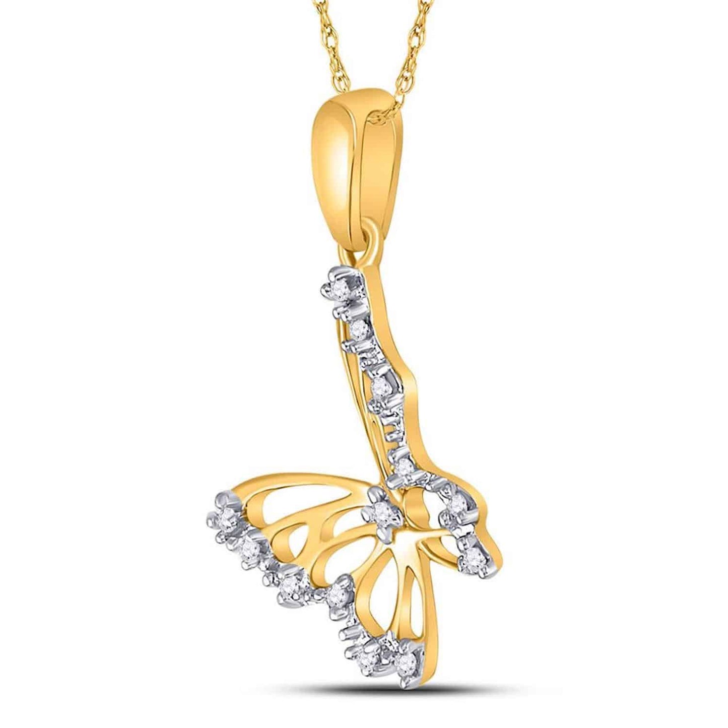 0.05CTW Natural Diamond 10K Gold Yellow White Butterfly Pendant 0.9"
