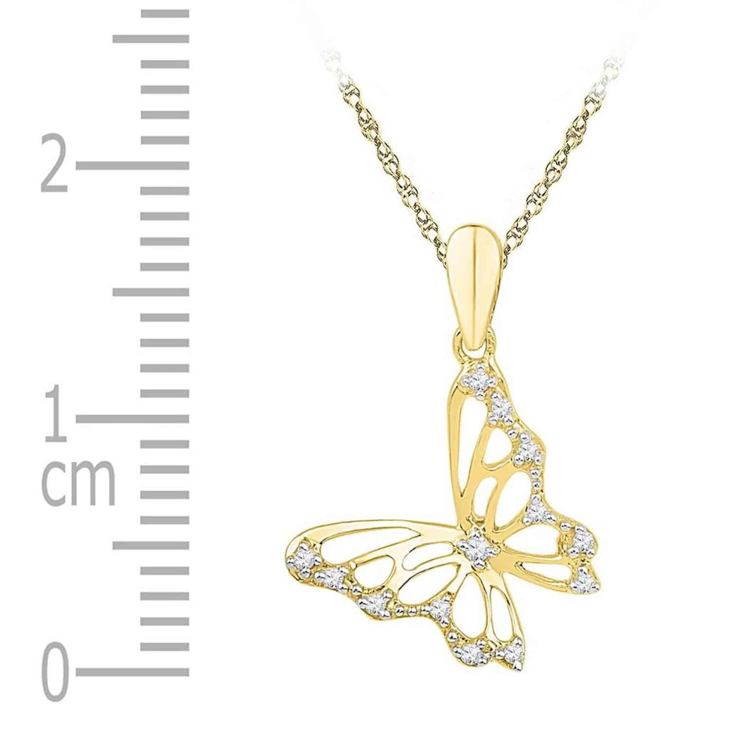 0.05CTW Natural Diamond 10K Gold Yellow White Butterfly Pendant 0.9"