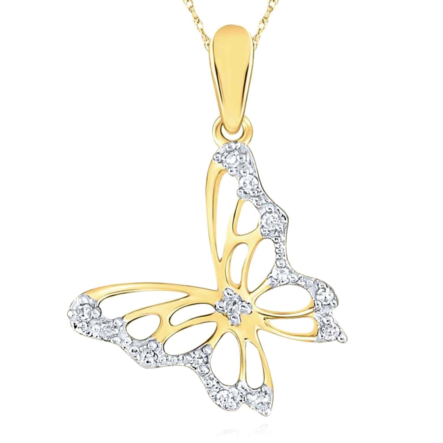 0.05CTW Natural Diamond 10K Gold Yellow White Butterfly Pendant 0.9"