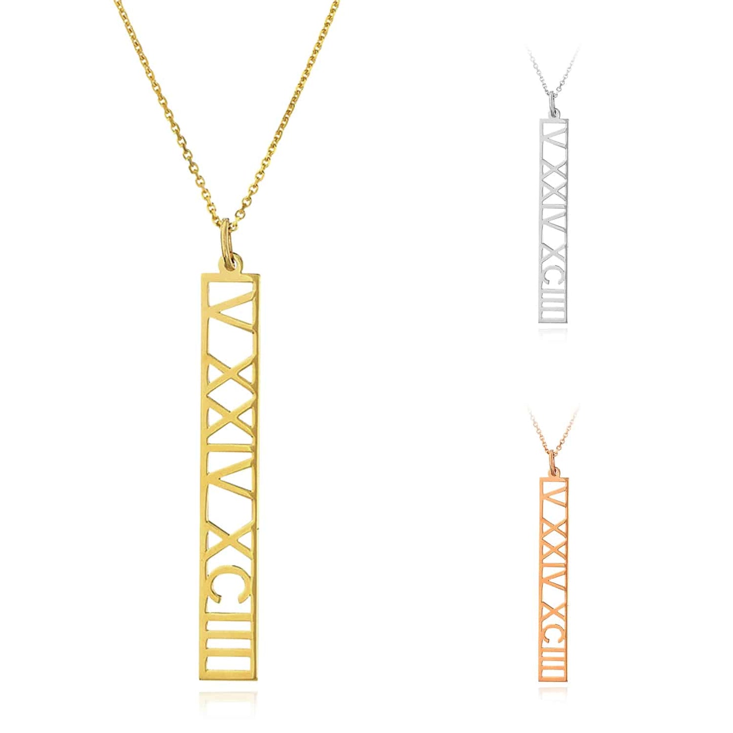 Customizable 14K Yellow Gold White Rose Vertical Nameplate 14"-18" Adjustable Necklace