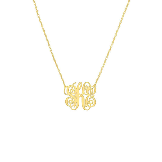 Customizable 14K Yellow Gold Script Monogram Nameplate Necklace (Solid Links) 14"-18" Adjustable