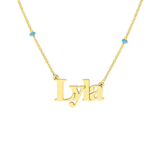 Customizable 14K Yellow Gold Turquoise Station Nameplate Necklace (Solid Links) 16"-18" Adjustable
