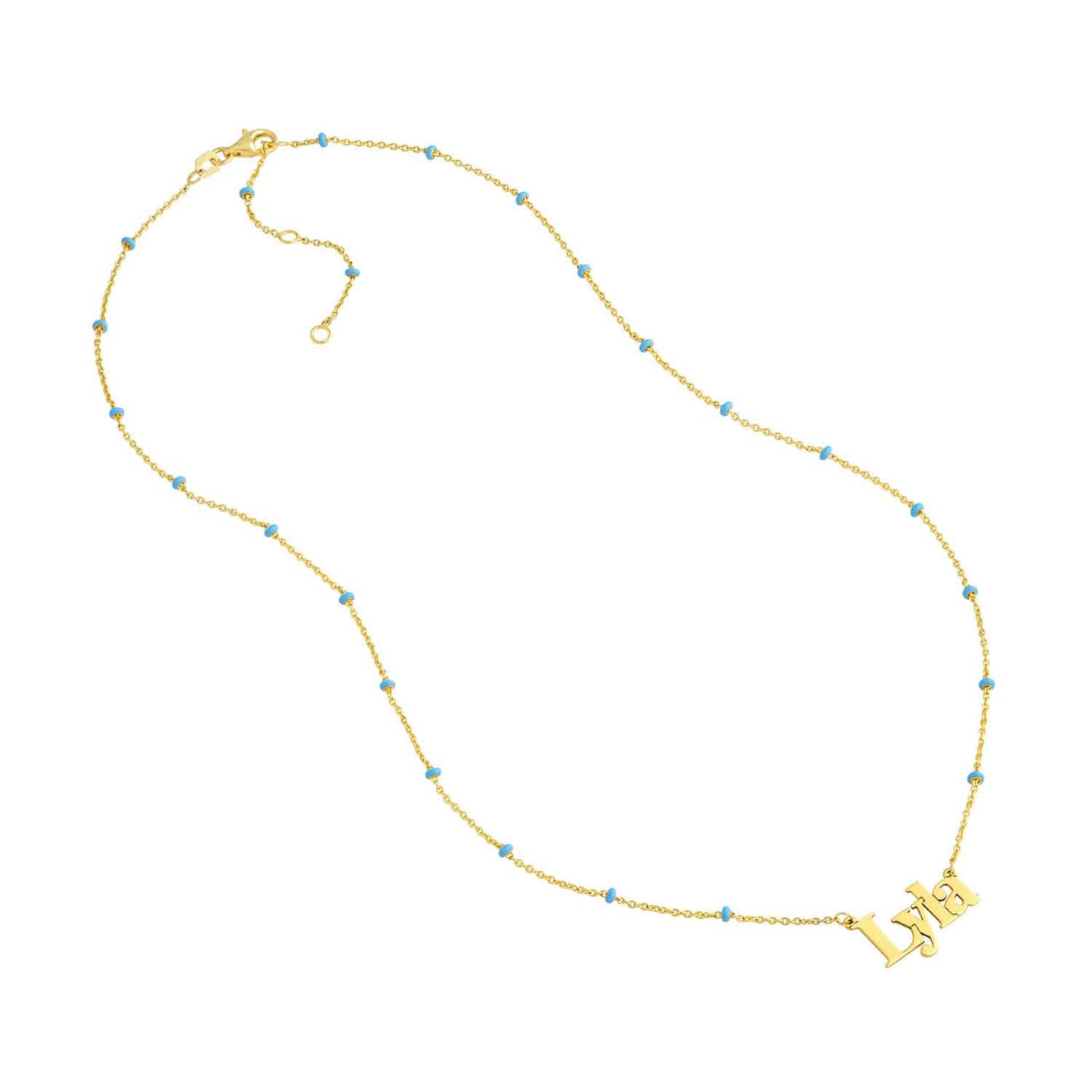Customizable 14K Yellow Gold Turquoise Station Nameplate Necklace (Solid Links) 16"-18" Adjustable