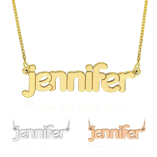 Customizable 14K Yellow Gold Bubble Nameplate Necklace (Solid Links) 0.2" 14"-18" Adjustable