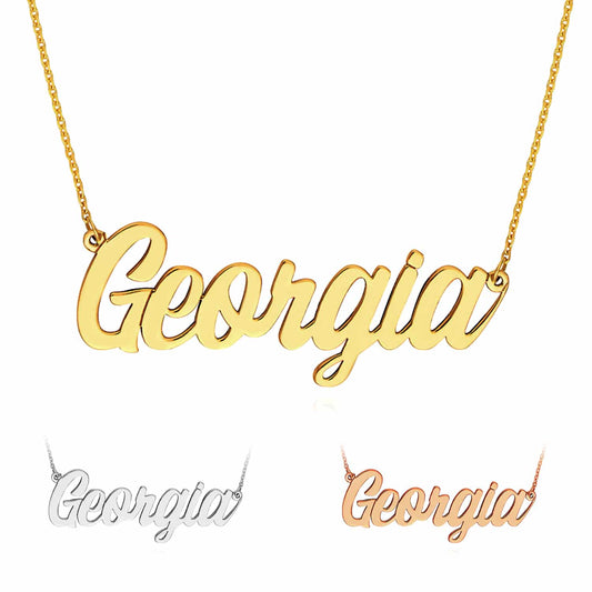 Customizable 14K Yellow Gold Script Font Nameplate Necklace (Solid Links) 14"-18" Adjustable