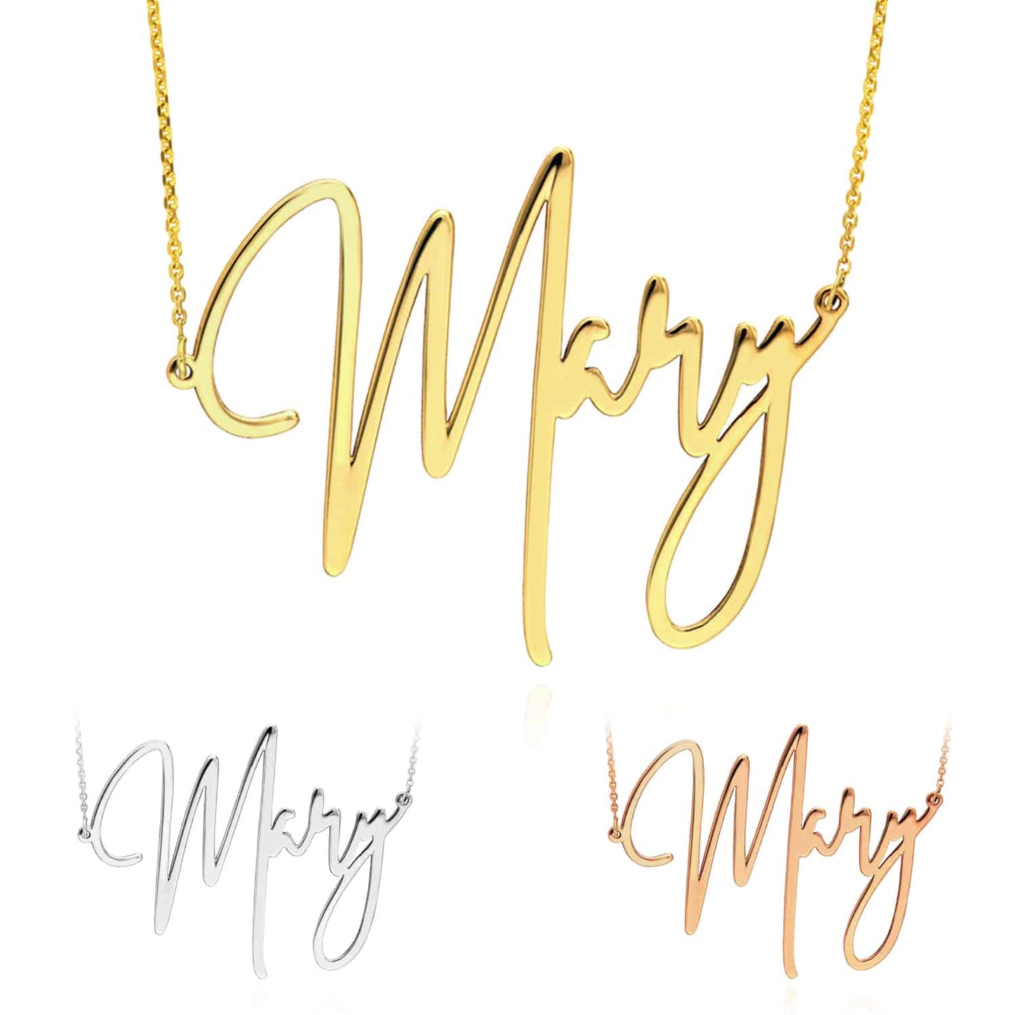 Customizable 14K Yellow Gold Signature Nameplate Necklace (Solid Links) 14"-Adjustable