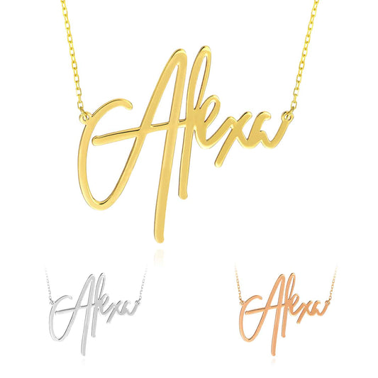 Customizable 14K Yellow Gold Signature Nameplate Necklace (Solid Links) 14"-18" Adjustable