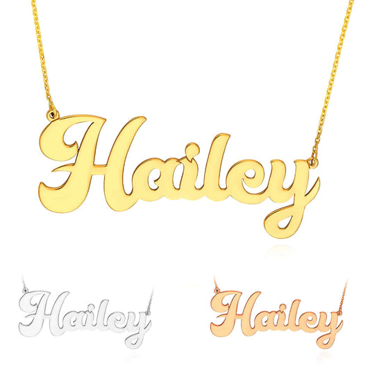 Customizable 14K Yellow Gold Cursive Nameplate Necklace (Solid Links) 14"-18" Adjustable