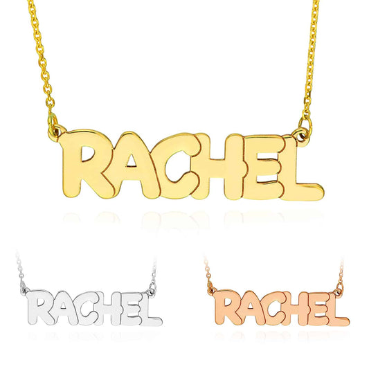 Customizable 14K Yellow White Rose Gold Bubble Style Nameplate Necklace (Solid Links) 14"-18" Adjustable