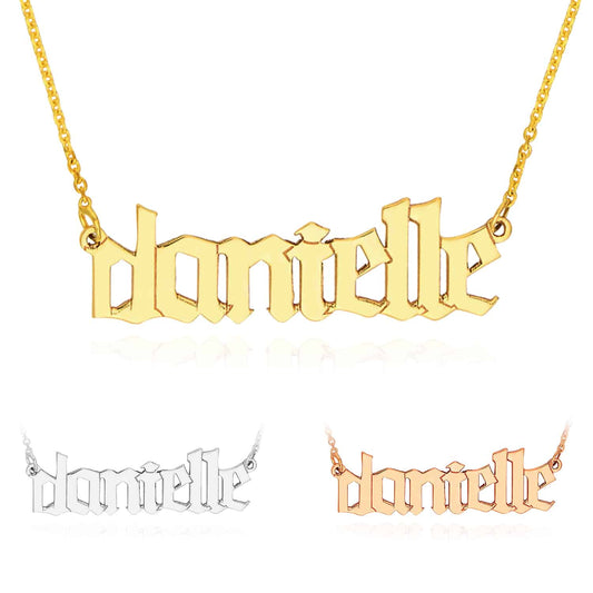 Customizable 14K White Rose Gold Gothic Nameplate Necklace (Solid Links) 14"-18" Adjustable