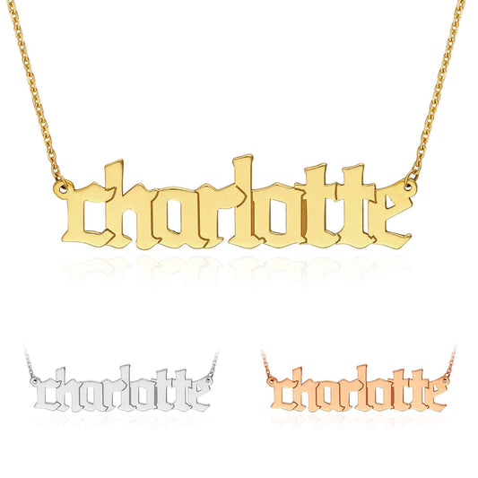 Customizable 14K Yellow White Rose Gold Gothic Nameplate Necklace (Solid Links) 14"-18" Adjustable